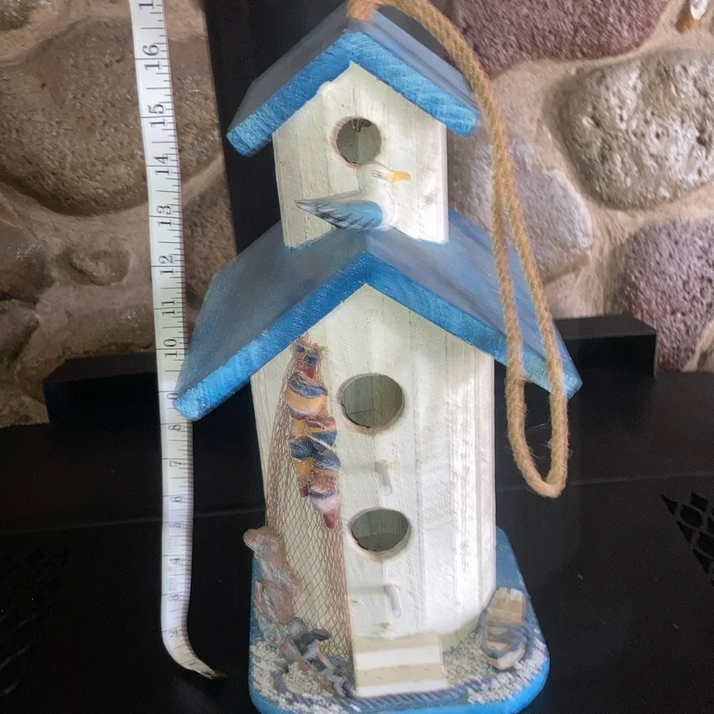 Blue and White Decorative Birdhouse with Seagull Decor